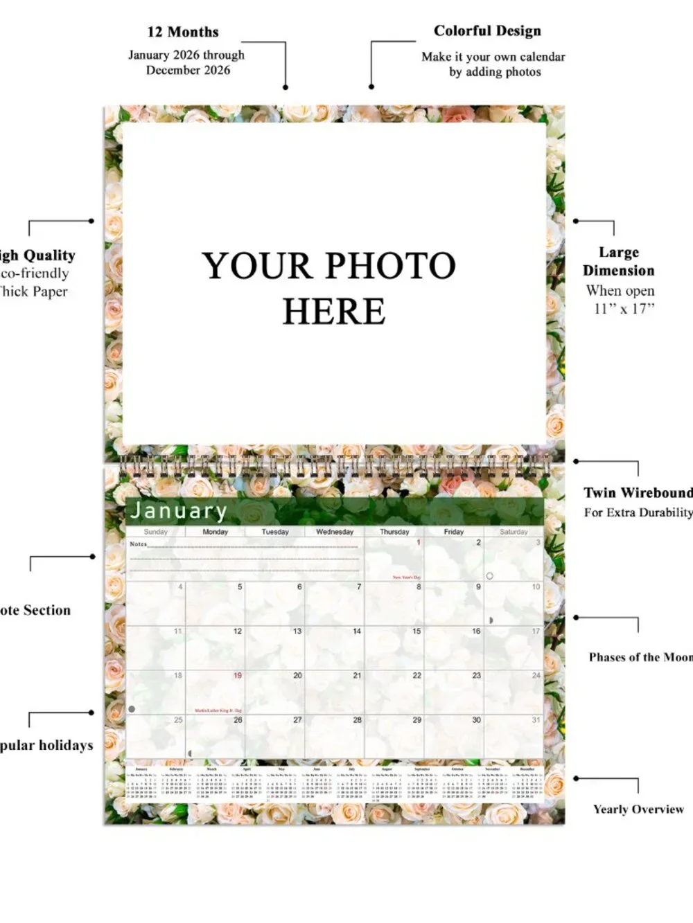 Personalized Custom 2027 Wall Calendar Spiral-bound - 12 Months. 11 x 8in. #012